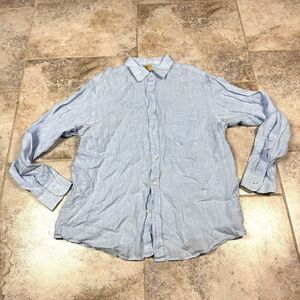 REID & TAYLOR Shirt Mens 43/17.5 Blue 100% Linen Long Sleeve Dad
